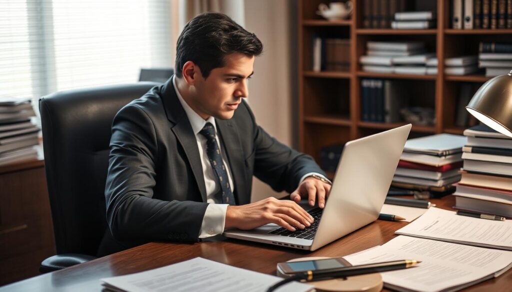 A professional attorney sitting at a desk, working on a laptop computer, surrounded by various legal documents, books, and office supplies. The lighting is soft and warm, creating a focused and productive atmosphere. The composition emphasizes the legal content on the laptop screen, with the attorney's face in the background, highlighting the importance of the written content. The scene conveys a sense of expertise, diligence, and the benefits of professional legal content writing services.