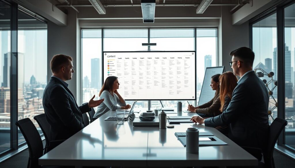 A professional content marketing strategy unfolds in a well-lit, modern office setting. In the foreground, a team of marketers collaborates around a sleek conference table, discussing audience insights and content ideas. The middle ground features a whiteboard displaying a detailed content calendar, while the background showcases large windows overlooking a bustling city skyline. The atmosphere exudes a sense of strategic focus, creativity, and a drive to drive business growth through thoughtful, data-driven content. Cinematic lighting and a slight camera tilt add depth and dynamism to the scene.