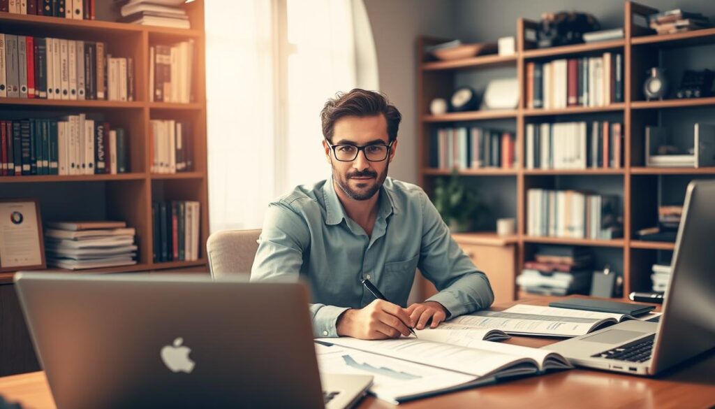 A professional financial writer sits at a well-organized desk, surrounded by detailed financial reports, laptops, and a focused gaze. Warm, natural lighting illuminates the scene, conveying a sense of expertise and diligence. In the background, a bookshelf filled with finance-related literature suggests a deep understanding of the subject matter. The writer's expression is one of concentration, reflecting the care and attention they bring to crafting accurate and insightful financial content. The overall atmosphere radiates a sense of professionalism, reliability, and a commitment to delivering value to the reader.
