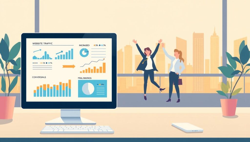 A professional, modern, and informative illustration depicting the key business benefits of SEO content writing services. In the foreground, show a desktop computer or laptop displaying data visualizations, graphs, and charts highlighting metrics like increased website traffic, higher conversion rates, and improved search engine rankings. In the middle ground, depict business people or entrepreneurs celebrating their successful digital marketing campaign. In the background, include a cityscape or office environment to convey a sense of a thriving, technology-driven business landscape. Use a warm, vibrant color palette and soft, diffused lighting to create an aspirational, productive atmosphere. Maintain a clean, minimalist aesthetic without any distracting text or overlays.