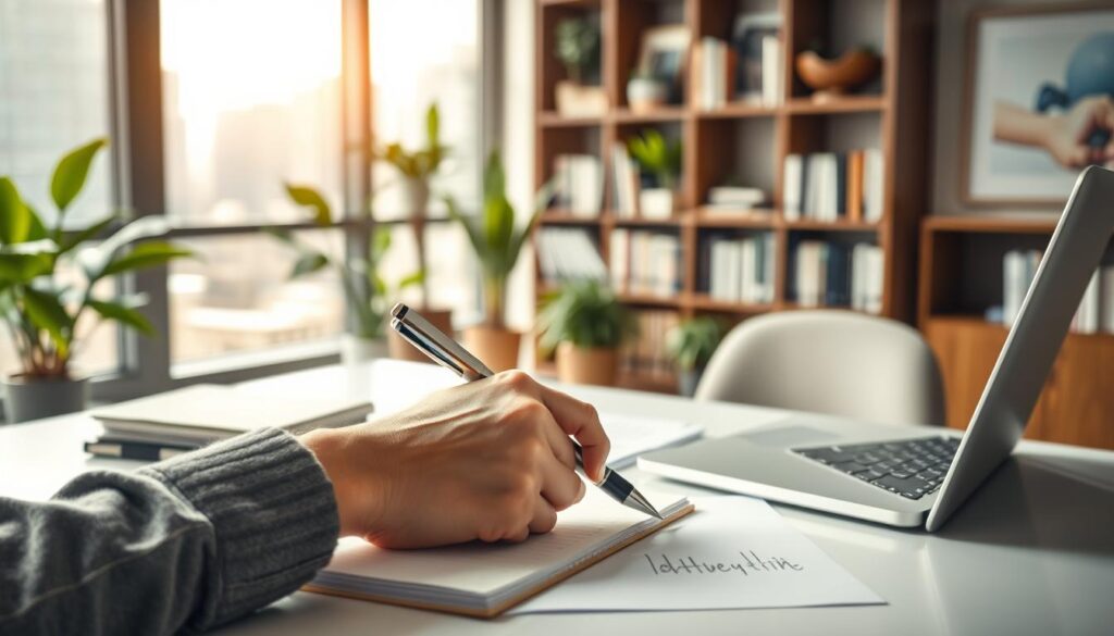 A professional modern office setting with a well-lit desk, featuring a laptop, pen, and notepad. In the foreground, a person's hand is writing diligently, conveying the idea of dedicated ghostwriting work. The background showcases bookshelves, plants, and a large window overlooking a cityscape, creating a serene and productive atmosphere. The lighting is soft and warm, emphasizing the thoughtful and collaborative nature of the ghostwriting process. The overall composition should evoke a sense of professionalism, expertise, and high-quality content creation.