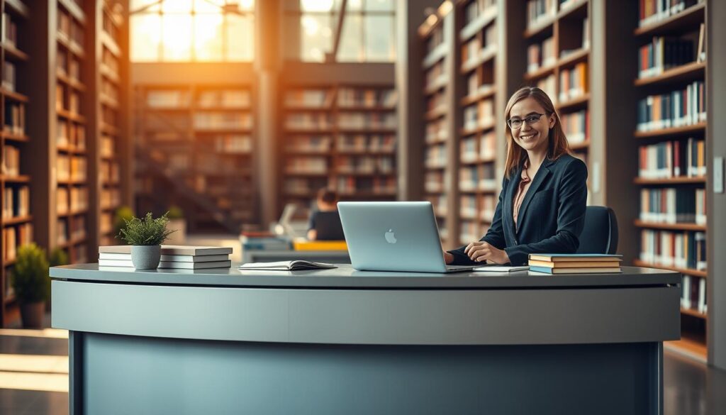 A professional, well-equipped academic writing service desk set against a backdrop of a bustling university library. The desk is adorned with a modern, sleek design featuring a laptop, reference materials, and a dedicated team member ready to assist students. Warm, natural lighting filters through large windows, creating a welcoming and productive atmosphere. The library shelves in the background suggest a wealth of knowledge and resources available to support scholarly success. The overall scene conveys a sense of reliability, professionalism, and a commitment to helping students achieve their academic goals.