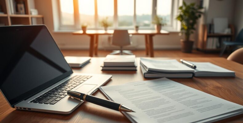 A professional white paper writer's workspace, bathed in warm, soft lighting. The foreground features a sleek, modern laptop, a fountain pen, and a neat stack of pristine white pages, ready to be filled with insightful analysis and compelling narratives. In the middle ground, a well-organized desk with carefully curated reference materials, including books and research documents. The background showcases a minimalist, airy office setting, with large windows overlooking a serene, natural landscape, inspiring creativity and thoughtful contemplation.