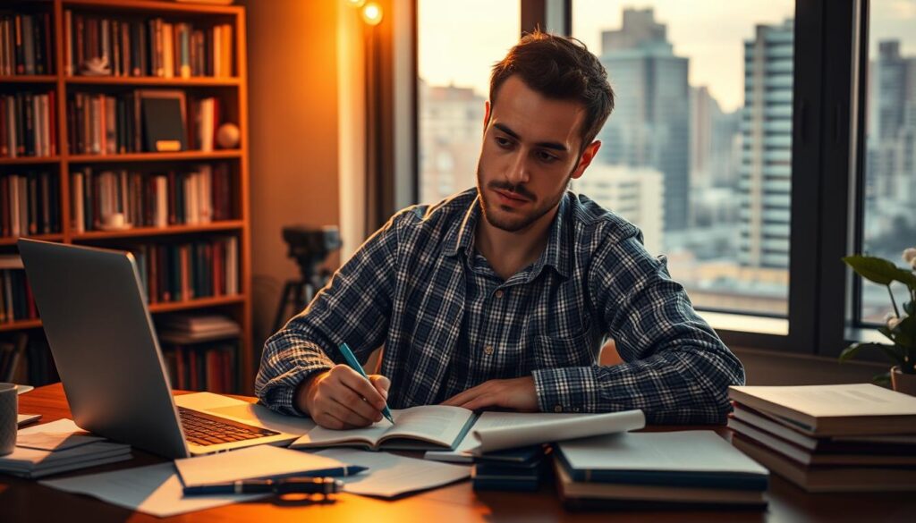 A professional writer working on a financial content piece at their desk, with a laptop, notepad, and various research materials spread out in front of them. The lighting is warm and focused, creating a cozy, thoughtful atmosphere. The writer's expression is one of deep concentration, their hand poised over the keyboard, as they carefully craft each sentence. In the background, a bookshelf filled with finance-related volumes and a large window overlooking a cityscape. The overall scene conveys the meticulous, analytical, and diligent nature of the financial content writing process.