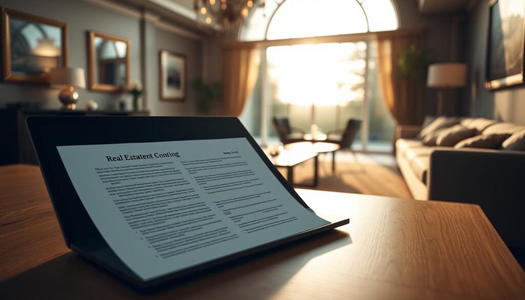A professionally-lit real estate scene, captured with a wide-angle lens. In the foreground, a modern laptop displays a document with well-crafted text, representing compelling real estate content writing. The middle ground showcases a luxurious, tastefully-decorated home interior, hinting at the properties the content aims to showcase. The background features a panoramic window view, bathed in warm, golden natural lighting, creating a serene, aspirational atmosphere. The overall composition conveys how professional content writing can elevate and showcase a real estate business.