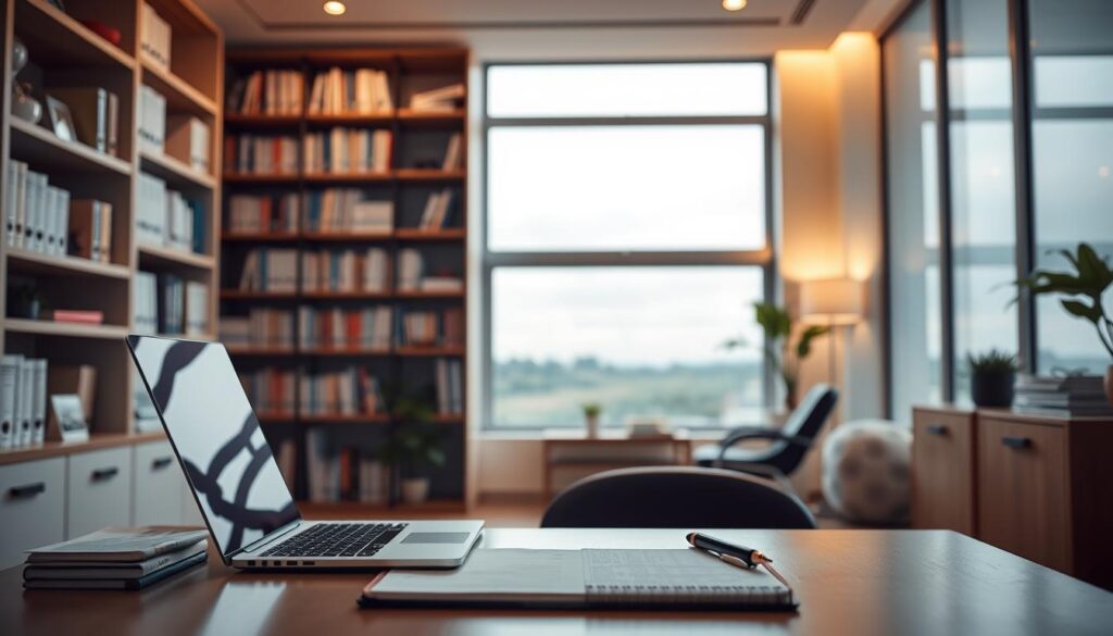 A serene medical office interior with warm, diffused lighting and a minimalist aesthetic. In the foreground, a thoughtfully curated desk setup with a laptop, stylus, and notepad, symbolizing the art of content creation. The middle ground features a bookshelf filled with reference materials and medical journals, reflecting the depth of healthcare knowledge. The background showcases a large window overlooking a tranquil outdoor scene, evoking a sense of calm contemplation. The overall composition emphasizes the connection between meticulous research, skilled writing, and the delivery of valuable healthcare content.