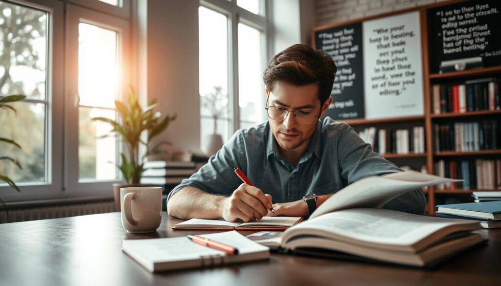 A serene office setting, with a thoughtful editor reviewing a manuscript on their desk. Soft natural light filters through large windows, casting a warm glow. In the foreground, an open notebook, a red pen, and a cup of coffee sit neatly arranged, signifying the attentive care and attention to detail in the editing process. The middle ground features the editor, their brow furrowed in concentration, meticulously scanning the pages, making notes and revisions. In the background, a bookshelf lined with reference materials and a wall of inspirational quotes, hinting at the depth of knowledge and experience guiding the comprehensive editing. The overall atmosphere is one of quiet focus, professionalism, and a commitment to polishing the written word.