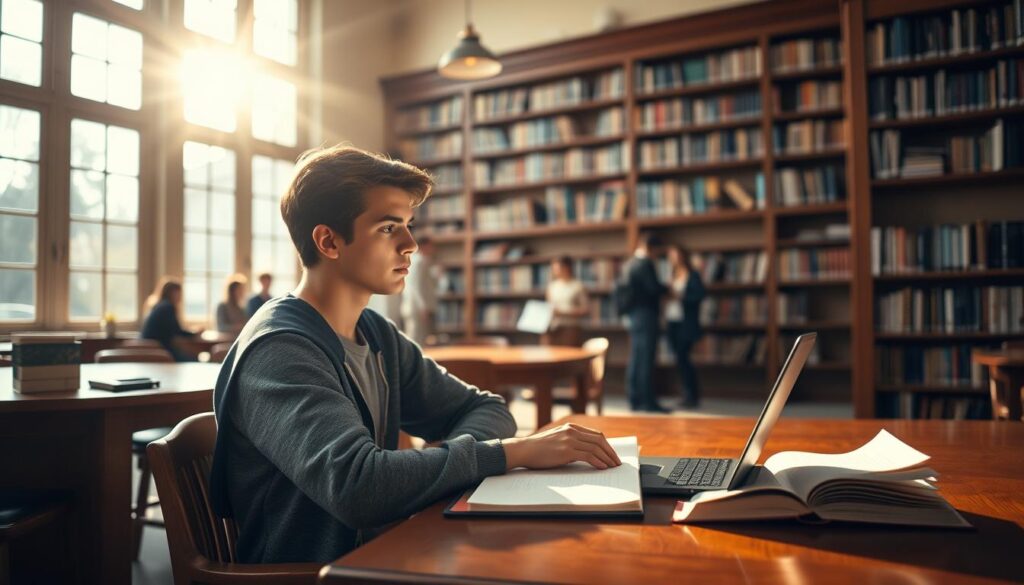 A serene, sun-dappled library interior, bookshelves lining the walls and a cozy study area in the foreground. A young person, dressed in academic attire, sits at a polished wooden desk, deep in thought, surrounded by open books and a laptop. Soft, warm lighting filters through large windows, casting a golden glow on the scene. In the background, a group of people are engaged in lively discussion, representing the collaborative spirit of academic success. The overall atmosphere is one of focused productivity, intellectual curiosity, and a sense of fulfillment.
