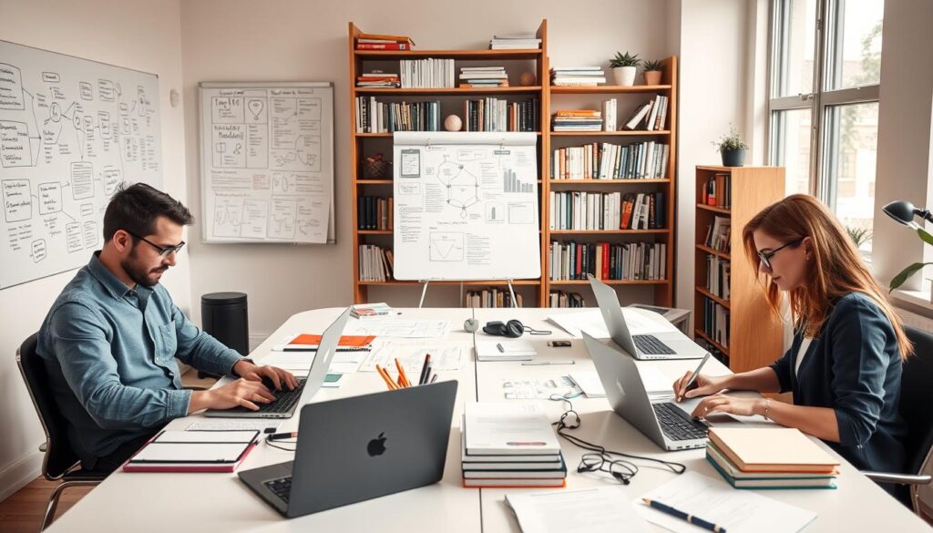 A serene workspace with healthcare content writers immersed in their craft. In the foreground, three professionals - a man and two women - sit at desks, typing intently on laptops while surrounded by medical reference materials. The middle ground features a whiteboard filled with mind maps, notes, and research outlines. In the background, a bookshelf lined with medical journals and textbooks hints at the depth of knowledge required. Soft, natural lighting filters in through large windows, creating a calm, focused atmosphere. The overall scene conveys the essential skills of healthcare content writers - deep subject expertise, meticulous research, and a keen attention to detail.