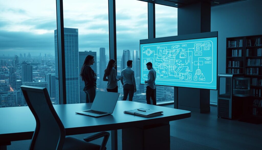 A sleek, futuristic office interior with floor-to-ceiling windows offering a panoramic view of a bustling cityscape. In the foreground, a workspace with a modern, ergonomic desk and chair, a laptop, a pen, and a notepad. In the middle ground, a team of tech professionals collaborating on a complex schematic diagram projected onto a large, interactive screen. The lighting is cool and subdued, creating a calm, focused atmosphere. In the background, a bookshelf filled with technical manuals and journals, and a 3D printer quietly whirring, producing a prototype component. The overall scene conveys the benefits of professional technology content writing - increased productivity, effective collaboration, and the ability to distill complex technical information into engaging, informative content.