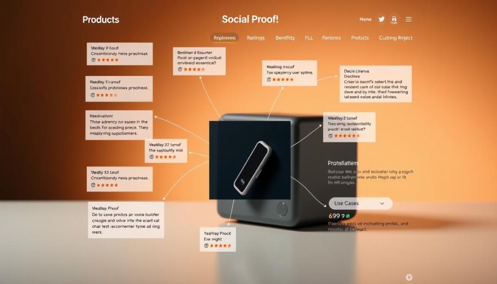 A sleek, modern e-commerce website displaying product descriptions interwoven with social proof and trust signals. In the foreground, a product image is showcased, surrounded by customer testimonials, reviews, and ratings presented in a clean, minimalist layout. The middle ground features product specifications, benefits, and use cases, all conveyed through a combination of text and simple icons. The background sets a warm, professional tone with subtle gradients and soft lighting, creating an atmosphere of trust and credibility. The overall composition strikes a balance between informative content and visually appealing design, seamlessly integrating social proof to enhance the purchasing decision.
