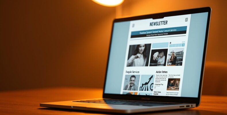 A stylish and modern email newsletter layout displayed on a laptop screen, illuminated by soft, warm lighting. The design features a clean, minimalist aesthetic with a bold, eye-catching headline and a grid of engaging content blocks showcasing various types of media, such as images, infographics, and short written excerpts. The overall composition creates a visually appealing and professional impression, conveying the high-quality services offered by the email newsletter content provider.