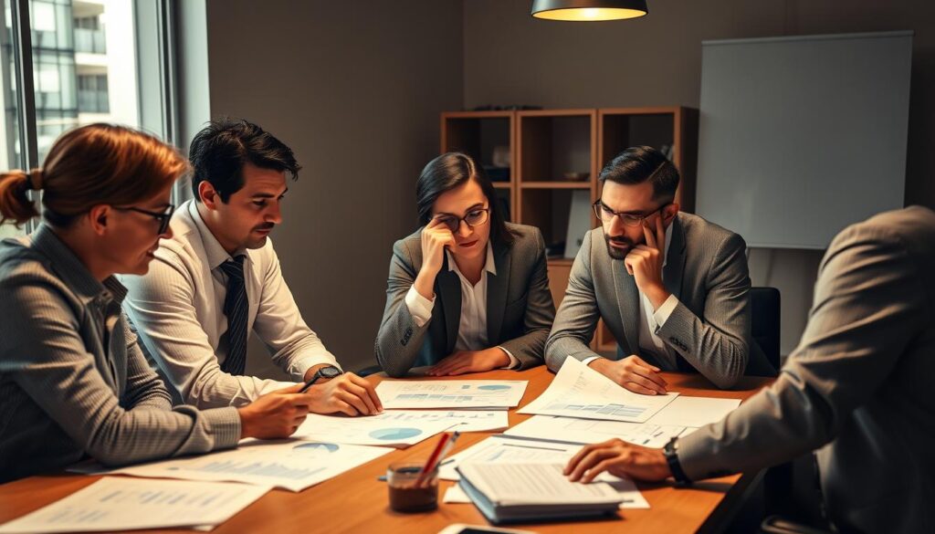 A team of financial experts, gathered around a table, deeply engaged in discussion, surrounded by charts, graphs, and financial documents. The lighting is warm and inviting, casting a thoughtful glow on their faces as they collaborate on crafting insightful financial content. The scene conveys a sense of expertise, diligence, and a commitment to delivering accurate and valuable information to their clients.
