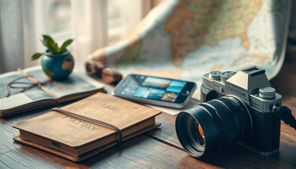 A tranquil travel scene with a variety of captivating content types. In the foreground, a rustic journal and a classic camera with a vintage lens rest on a wooden table, hinting at the written and visual aspects of travel content. In the middle ground, a smartphone displays vibrant travel photos, representing digital media and social sharing. In the background, a map unfolds, suggesting the planning and exploration inherent in engaging travel content. The scene is bathed in warm, natural lighting, creating a cozy, inviting atmosphere that captures the essence of the travel experience.