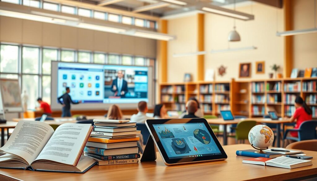 A vibrant academic setting with diverse educational content types presented in a visually engaging manner. In the foreground, interactive textbooks, video lectures, and virtual simulations are showcased against a backdrop of a modern classroom or library interior. The middle ground features collaborative learning tools such as whiteboards, digital tablets, and group discussion areas. The background depicts a warm, well-lit environment with large windows, shelves of reference materials, and subtle academic accents like globes or graduation memorabilia. The overall mood is one of intellectual curiosity, technological integration, and a commitment to innovative educational experiences.