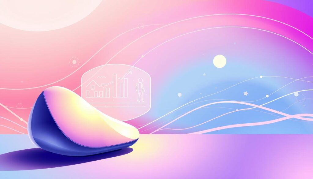 A vibrant and dynamic illustration showcasing the benefits of a product. In the foreground, a sleek and captivating product design, its shape and form accentuated by soft, directional lighting. In the middle ground, a visual metaphor for the product's key benefits, such as increased efficiency, improved user experience, or enhanced quality of life. The background should convey a sense of motion, progress, and technology, with subtle gradients and geometric patterns that suggest the product's forward-thinking capabilities. The overall composition should exude a sense of clarity, purpose, and visual appeal, inspiring the viewer to explore the product's advantages further.