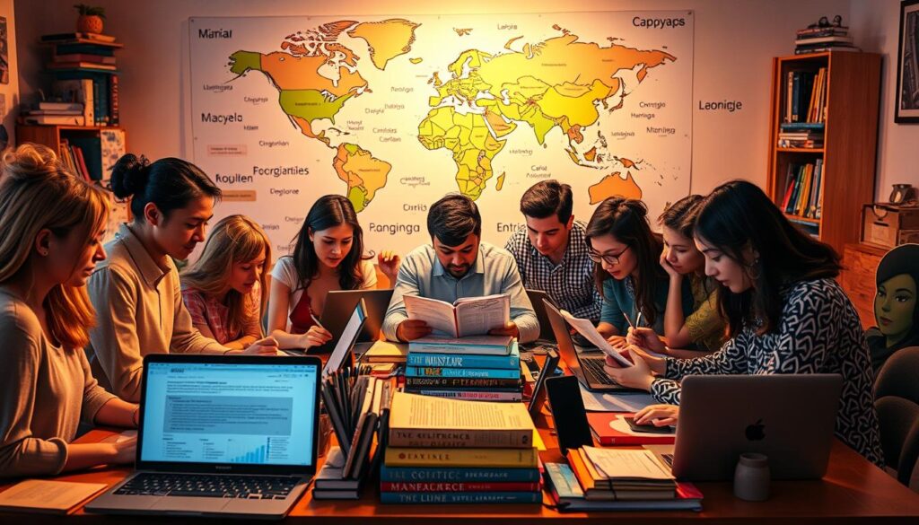 A vibrant and dynamic scene of a multilingual content writing process unfolds. In the foreground, a diverse team of writers and editors, each focused on their respective languages, collaborate intently on laptop screens and reference materials. Warm lighting casts a cozy glow, while the middle ground showcases an array of language-specific tools, dictionaries, and style guides. In the background, a world map prominently displays the global reach of the content, underscoring the international nature of the endeavor. The atmosphere is one of collaboration, concentration, and a shared commitment to crafting compelling, culturally-relevant content for a multilingual audience.