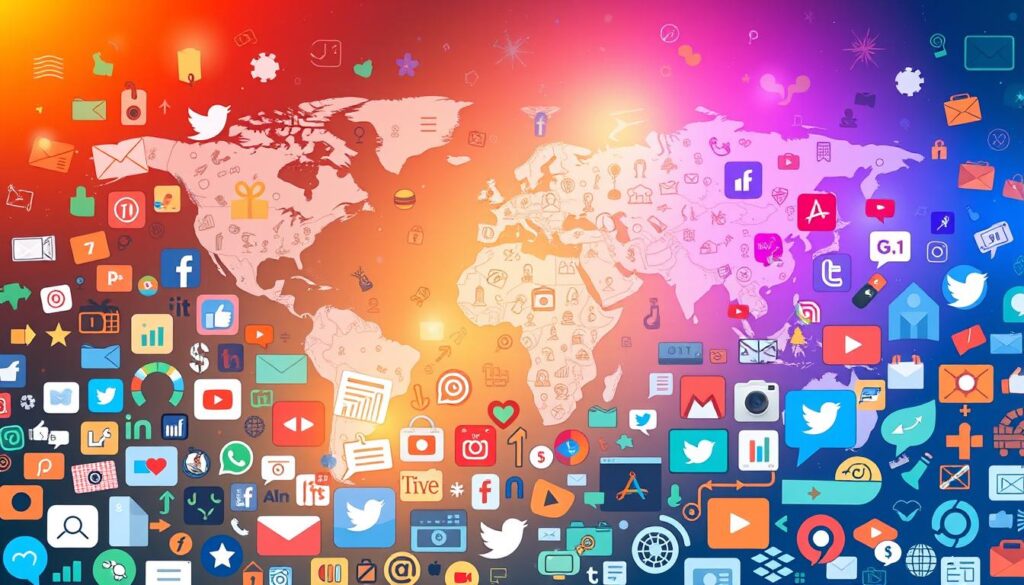 A vibrant and dynamic social media content strategy unfolding across multiple digital platforms. In the foreground, a mosaic of diverse social media icons and illustrations, each representing a unique approach to engaging audiences. In the middle ground, a stylized world map backdrop, highlighting the global reach of these strategies. The background features a soft, gradient-based lighting, creating a sense of depth and unity. Subtle textures and patterns add visual interest, while a color palette of blues, greens, and oranges conveys a sense of creativity and innovation. The overall composition reflects the multifaceted nature of effective social media content creation, designed to boost audience engagement and brand visibility.