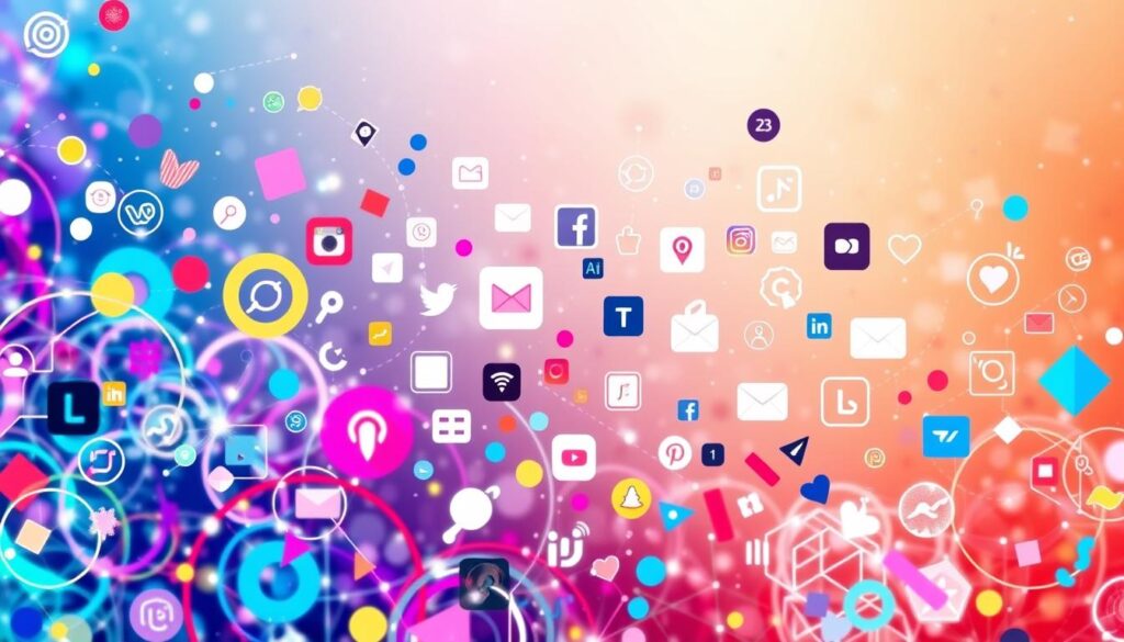 A vibrant and visually captivating social media display filled with dynamic elements. The foreground showcases a diverse array of colorful, abstract shapes, symbols, and patterns, intertwined and pulsing with energy. In the middle ground, sleek and minimalist social media icons and interface elements hover, reflecting the various platforms and engagement metrics. The background features a soft, gradient-filled expanse, with subtle textures and lighting effects that create a sense of depth and digital ambiance. The overall composition is balanced, with a harmonious blend of vivid colors, modern aesthetics, and a touch of technological mystique, evoking the allure and power of social media content.