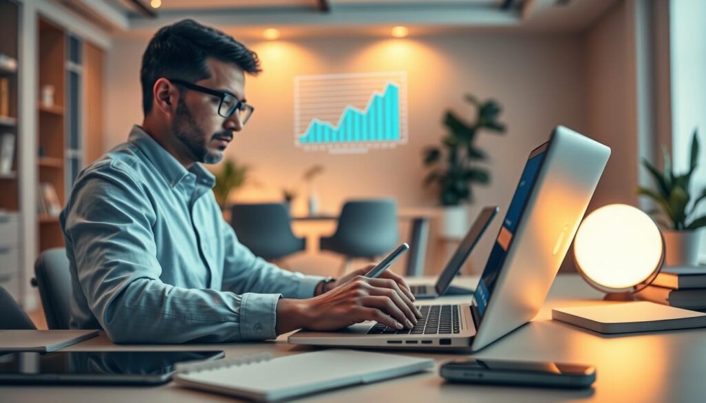 A vibrant financial content creation scene showcasing an array of digital devices. In the foreground, a professional content creator types intently on a sleek laptop, their face illuminated by the screen's soft glow. Surrounding them, an organized workspace with a tablet, smartphone, and reference materials. In the middle ground, a stylized chart or financial infographic hovers, highlighting the data-driven nature of the content. The background depicts a modern, minimalist office setting with clean lines, warm lighting, and a sense of productivity and focus. The overall atmosphere conveys a harmonious blend of technology, analytics, and creative expression, embodying the essence of insightful financial content writing.