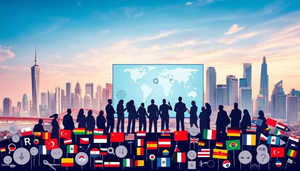 A vibrant global cityscape with skyscrapers and landmarks in the background, representing the international reach of multilingual content. In the middle ground, a diverse group of people collaborating on a large digital display, symbolizing the creation and distribution of multilingual content. In the foreground, a collection of language icons, flags, and translation tools, emphasizing the multilingual nature of the content strategy. The scene is illuminated by a warm, natural lighting that creates a sense of harmony and interconnectedness.
