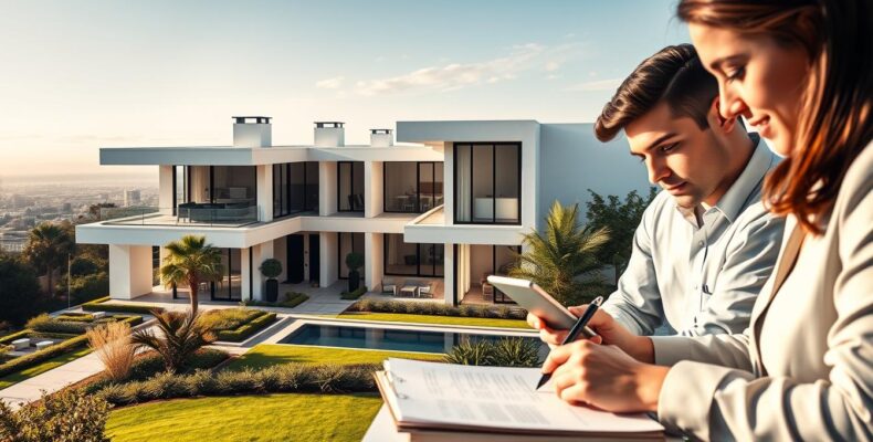 A vibrant, professionally designed real estate advertisement, featuring a sleek, modern home with clean lines and a neutral color palette. In the foreground, a team of content writers are collaboratively crafting engaging property descriptions, their expressions focused and their devices at the ready. The middle ground showcases a stunning exterior view of the home, with lush landscaping and a striking architectural design. In the background, a soft, atmospheric cityscape provides a sophisticated, urban setting. Warm, natural lighting illuminates the scene, creating a sense of professionalism and expertise. The overall composition conveys the power of compelling real estate content writing to showcase properties and captivate potential buyers.