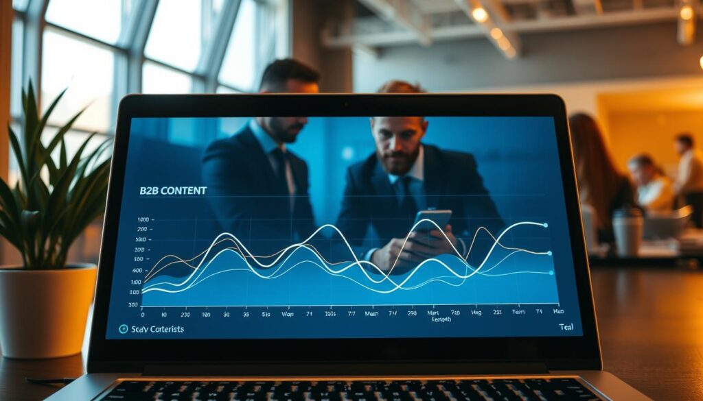 A visually striking B2B content marketing scene. In the foreground, a laptop screen displays a dynamic data visualization, its lines and curves illuminating the power of B2B content. In the middle ground, a team of professionals collaborates, their faces determined as they craft compelling content. The background is a sleek, minimalist office space, with floor-to-ceiling windows bathing the scene in warm, directional lighting. The overall mood is one of focused productivity, efficiency, and the transformative potential of quality B2B content.