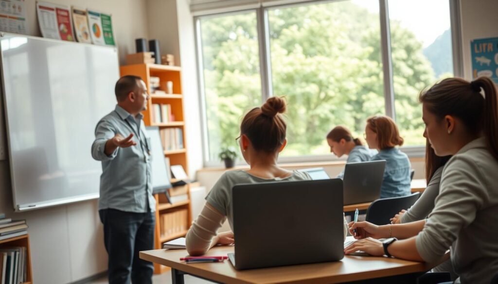 A well-lit classroom with students engaged in educational content writing. In the foreground, a teacher gestures towards a whiteboard, guiding the class. In the middle ground, students sit at desks, laptops open, pens in hand, deep in concentration. The background features shelves of books, educational posters, and a large window overlooking a lush, verdant landscape. The overall atmosphere is one of focused learning, with a warm, inviting glow from the natural lighting. The composition emphasizes the strategic importance of quality educational content writing, with the teacher and students collaborating to create engaging, informative materials.