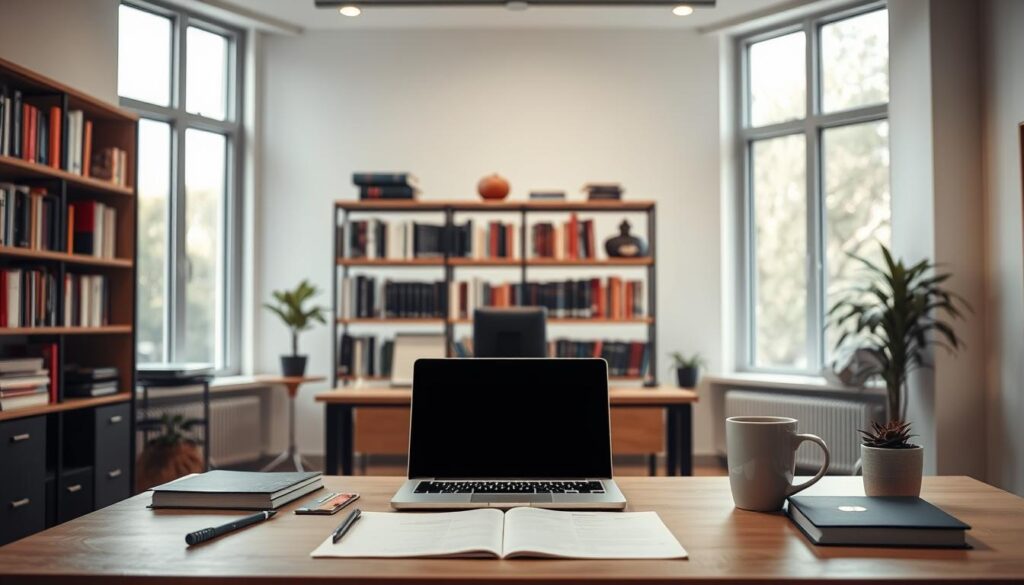 A well-lit, contemporary office setting with a warm, inviting atmosphere. In the foreground, a neatly organized desk features a laptop, stationery, and a cup of coffee, conveying a sense of scholarly productivity. The middle ground showcases a bookshelf filled with academic tomes, creating an intellectual ambiance. In the background, large windows allow natural light to flood the space, highlighting the professionalism and attention to detail. Subtle, muted colors and clean lines emanate a sense of sophistication and reliability, perfectly capturing the essence of "Scholarly Writing Services for Academic Success."