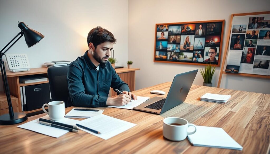 A well-lit, contemporary workspace with a professional writer at a wooden desk, carefully crafting a video script on a laptop. The scene captures the focused attention and creative process of the writer, surrounded by neatly organized stationery, a cup of coffee, and a vision board displaying various video concepts. Soft, directional lighting illuminates the scene, creating a warm and productive atmosphere. The overall composition conveys the thoughtful, deliberate nature of the video script writing process.
