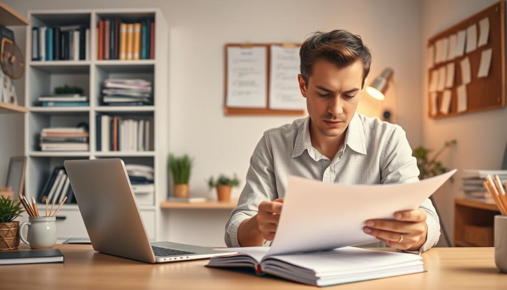 A well-lit, modern home office with an organized desk, a laptop, and various office supplies. In the foreground, a person diligently proofreading documents, their brow furrowed in concentration. Behind them, shelves filled with reference books and a corkboard displaying editing checklists and notes. Soft, neutral tones create a professional and focused atmosphere, with a warm, directional light illuminating the scene. The overall composition conveys the meticulous attention to detail and expertise required for effective content proofreading and editing services.