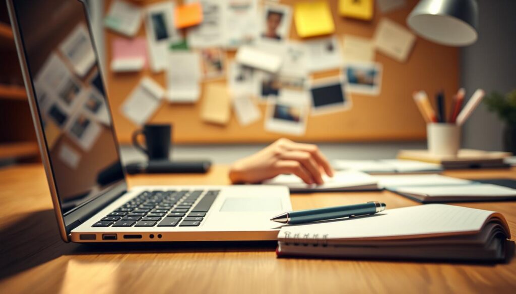 A well-lit office desk with a laptop, notebook, and pen in the foreground. In the middle ground, a person's hands typing on the laptop keyboard, capturing the act of press release writing. The background features a corkboard with sticky notes and clippings, suggesting the research and ideation process. The lighting is soft and warm, creating a focused, professional atmosphere. The composition emphasizes the thoughtful, deliberate nature of crafting an effective press release.