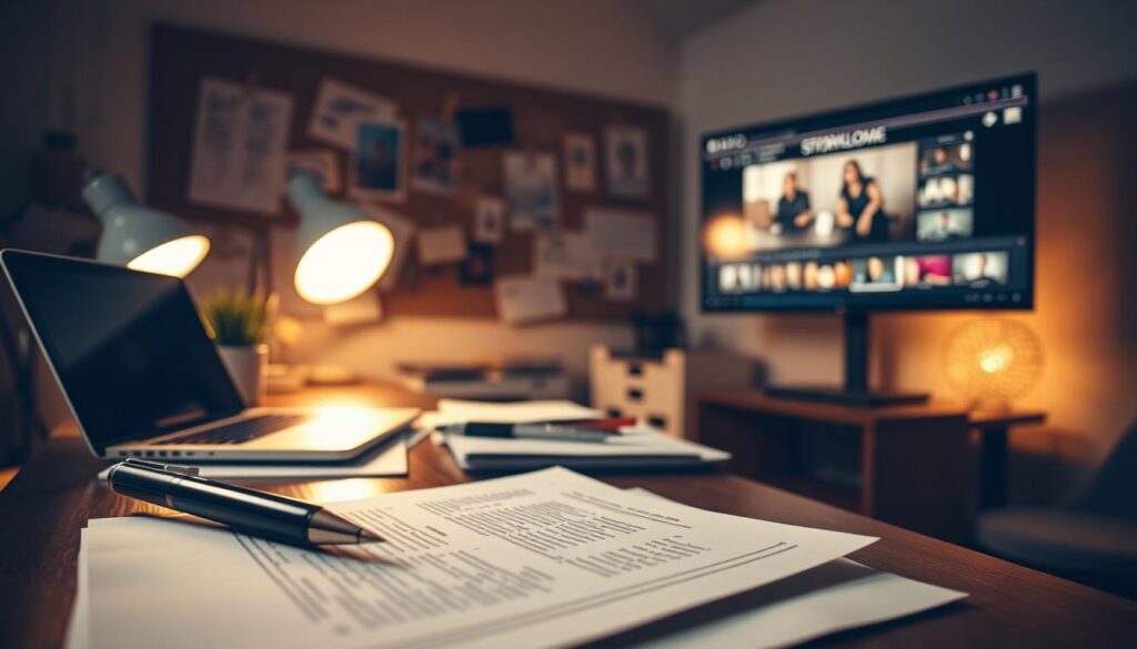 A well-lit workspace with a writer's desk, a laptop, and scattered papers. Warm, cozy lighting creates a contemplative atmosphere. In the foreground, a pen hovers over a script, capturing the creative process. The middle ground features a corkboard with inspirational notes and storyboard sketches. In the background, a large monitor displays a video timeline, hinting at the collaborative nature of script development. The overall scene conveys the focused, methodical effort behind crafting an engaging video script.