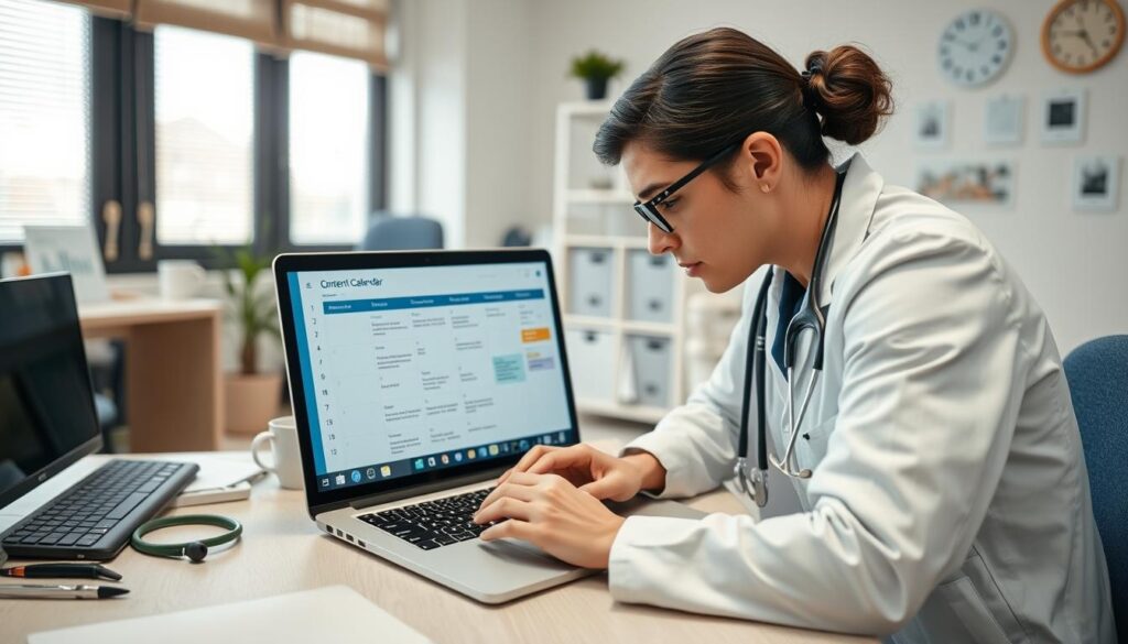 An image of a medical professional working on a laptop with a content calendar on the screen.