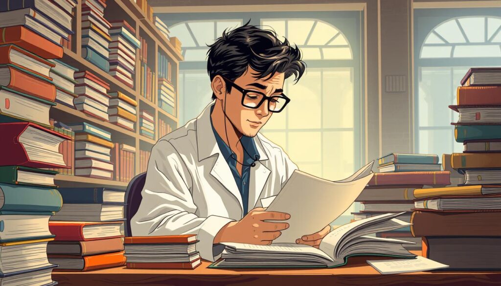 An image of a researcher in a library, surrounded by academic journals and papers.