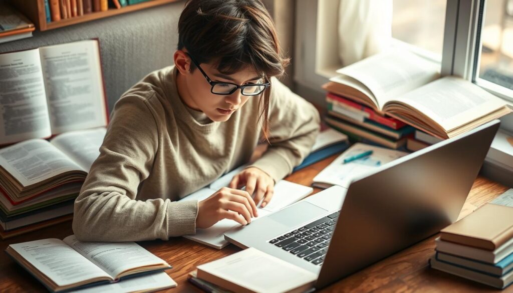 An image of a student working on an essay with a laptop and books around.