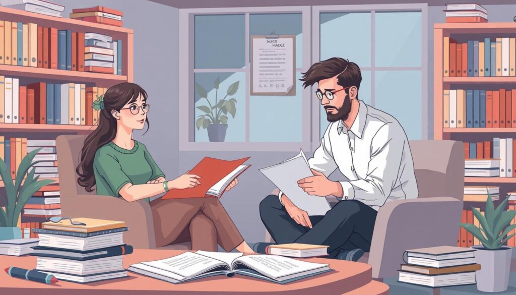 An image representing a student working on a dissertation with a supervisor.
