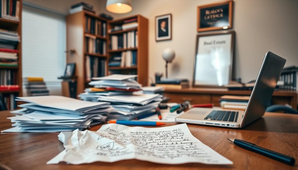 An interior home office with a cluttered desk, overflowing bookshelves, and a framed realtor's license on the wall. Warm, diffused lighting from a window casts a soft glow, highlighting the stacks of documents, pens, and a laptop strewn across the oak surface. In the foreground, a crumpled piece of paper with hastily scribbled notes is visible, symbolizing the challenges of real estate content writing. Bookshelves in the background hold a mix of real estate guides and reference materials, adding to the professional, yet overwhelmed atmosphere. The overall scene conveys the common struggles of a real estate content writer - balancing multiple tasks, managing information overload, and finding inspiration amid the clutter.