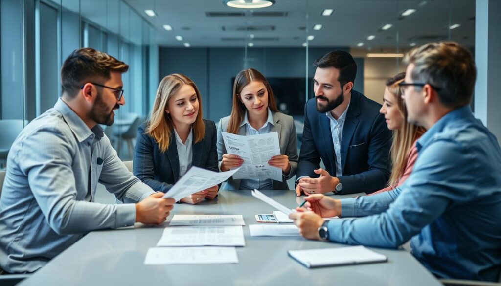 Business team reviewing content strategy documents with a content writing partner