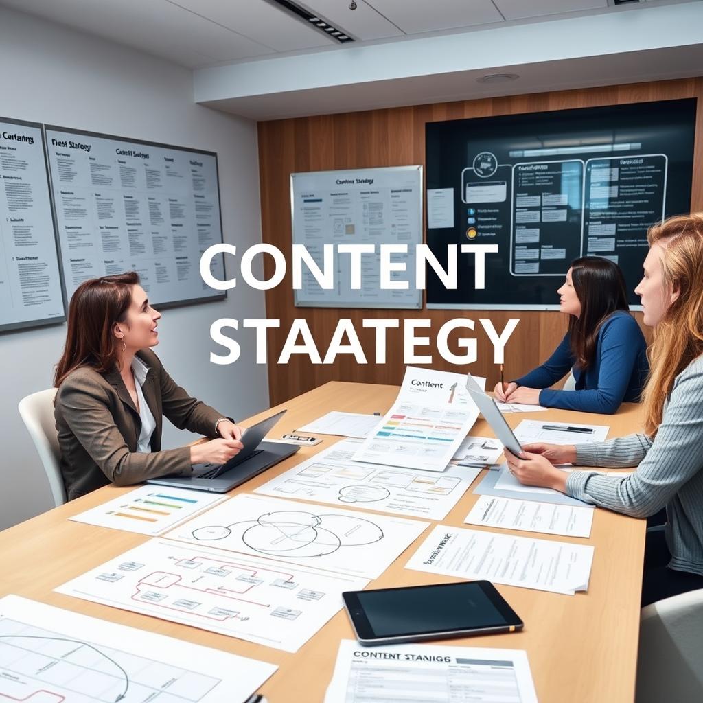 Content strategy meeting with flowcharts and planning documents