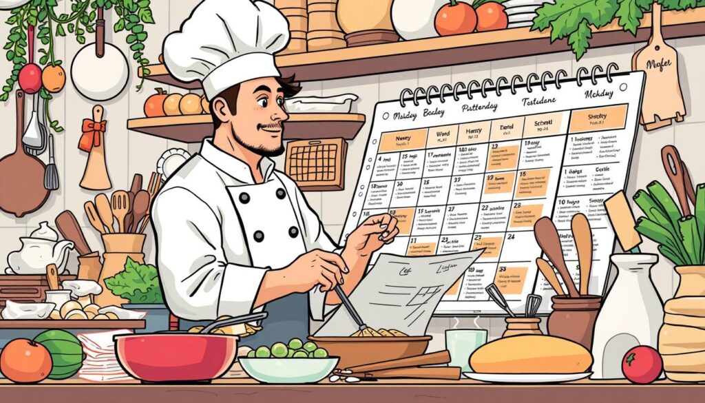 Create an image of a chef creating a content calendar
