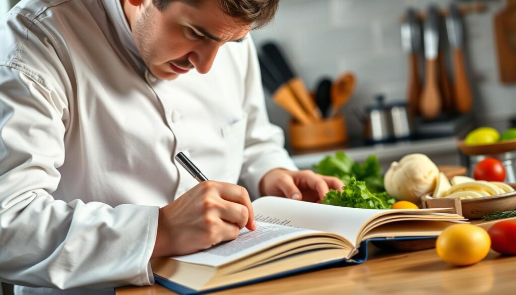 Create an image of a chef writing a recipe in a cookbook.
