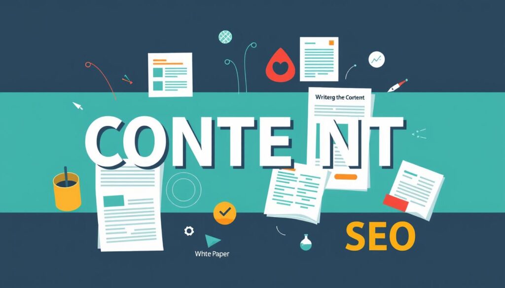 Create an image of a diverse range of content types, including blog posts, website copy, white papers, and case studies, all optimised for SEO.