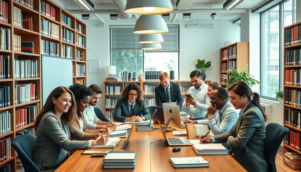 Create an image of a law firm with a team of writers creating engaging content