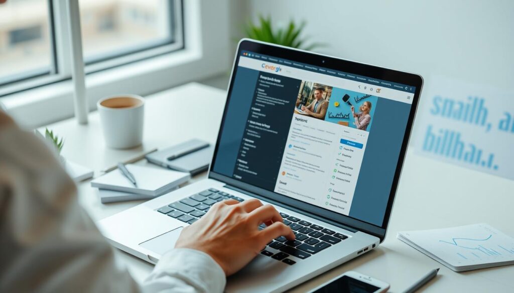Create an image of a person optimising website content on a laptop for better search engine ranking.