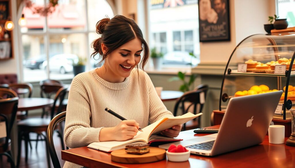 Generate an image of a UK-based food blogger writing in a cozy café.