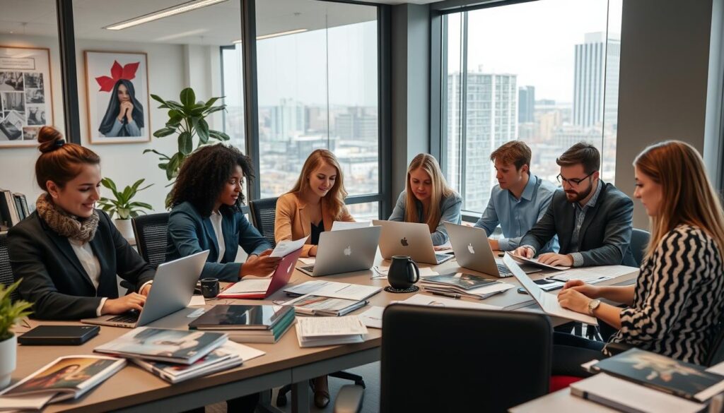 Generate an image of a UK estate agent's office with a team of content writers working on marketing materials.