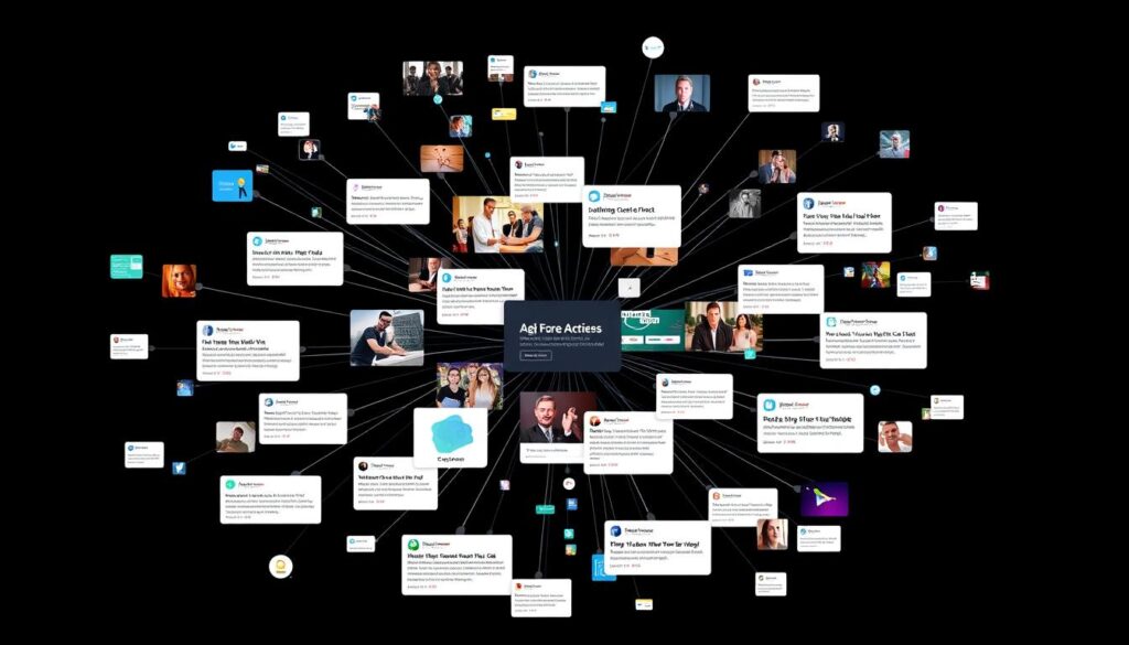 Generate an image of a cluster of interconnected content pieces