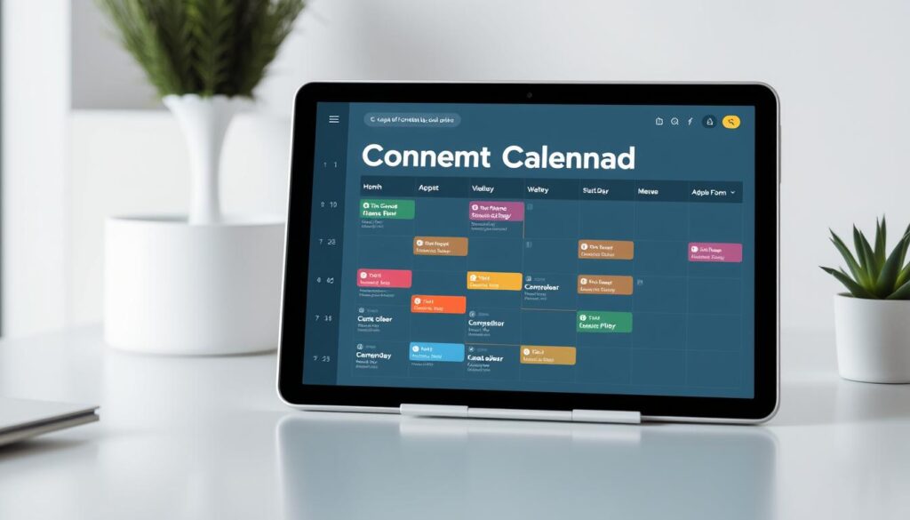 Generate an image of a content calendar template on a digital device.