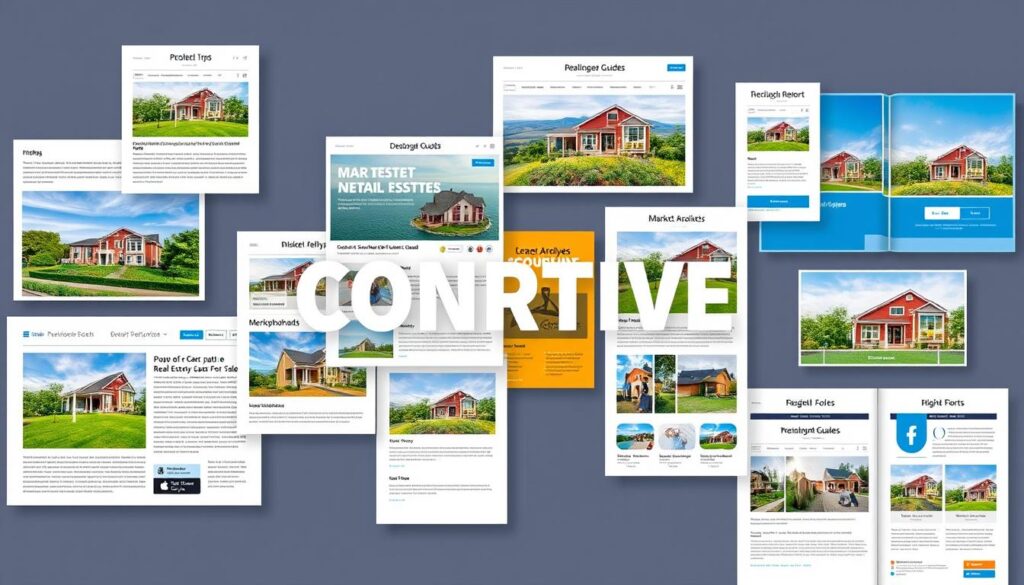 Generate an image of a diverse range of real estate content types, including property descriptions, blog posts, social media posts, email newsletters, market reports, and neighbourhood guides.